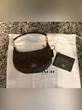 Coach Dark Brown Signature Crescent Shoulder Bag with Card Case